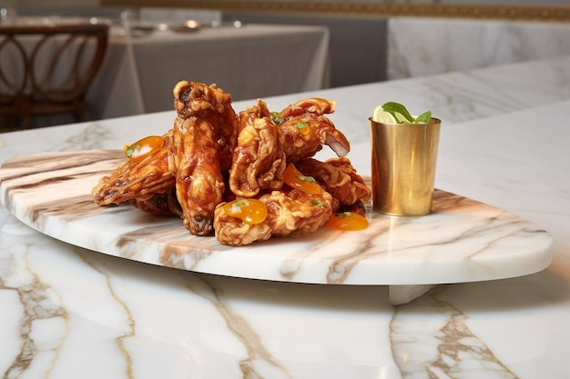 Photo buffalo wings arranged on a marble tray with a sid