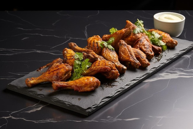 Photo buffalo wings arranged neatly on a slate serving t