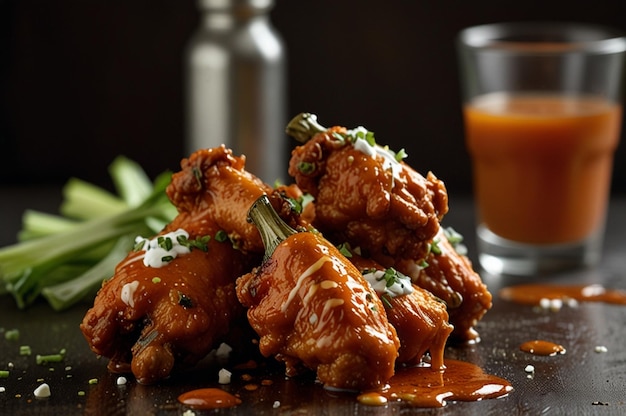 Photo buffalo wings served with a drizzle of spicy buffalo ranch sauce