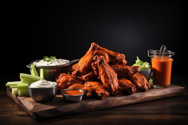 Photo buffalo wings served on a wooden board with a side of c