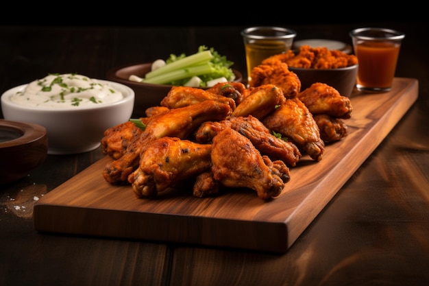 Photo buffalo wings served on a wooden board with a side of d