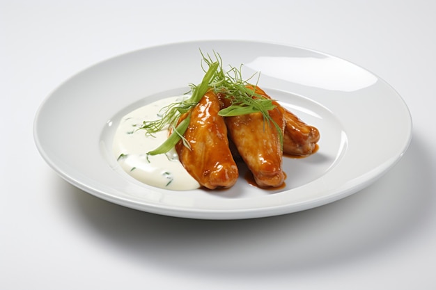 Photo buffalo wings on a white plate with a garnish of fresh