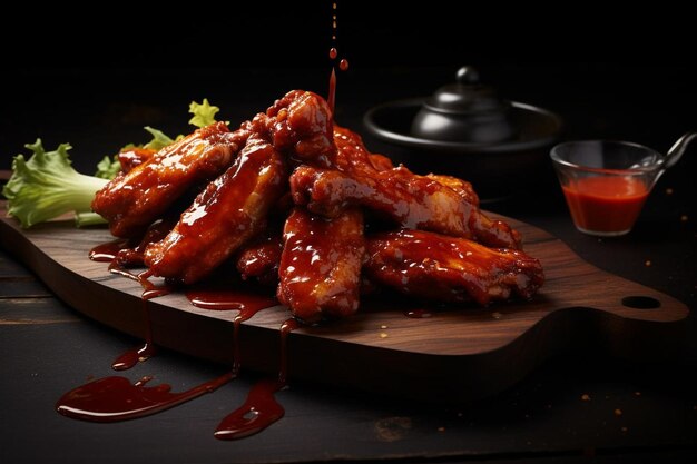 Photo buffalo wings with a dark glossy barbecue glaze