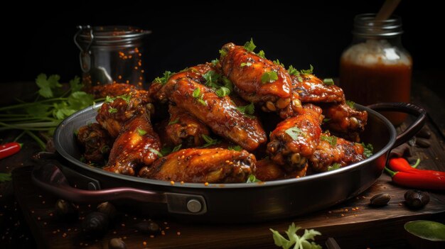 Buffalo wings with melted hot sauce on a wooden table with a blurred background