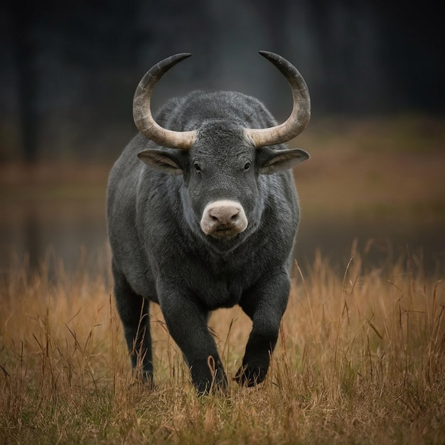 a buffalo with horns is walking through a field