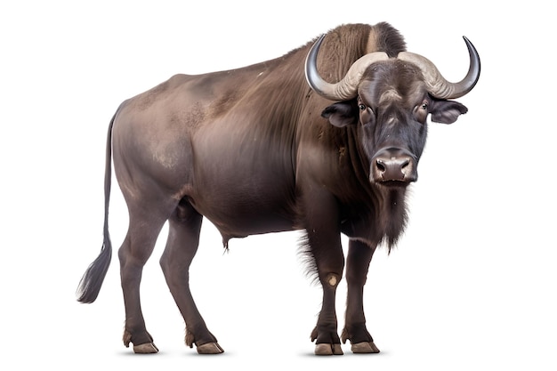 A buffalo with a large horn and a black tail stands in front of a white background.