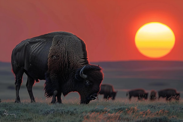 a buffalo with a red sky in the background