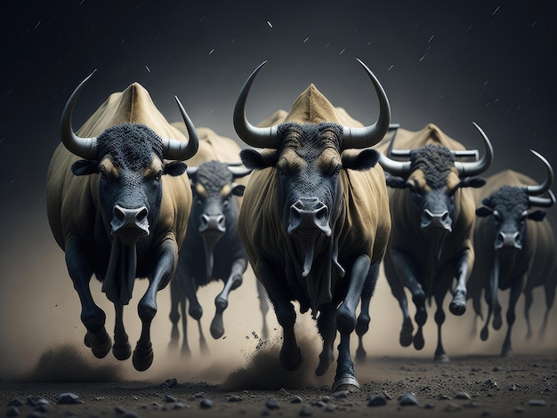 Buffaloes running with dust stampede concept ai generative