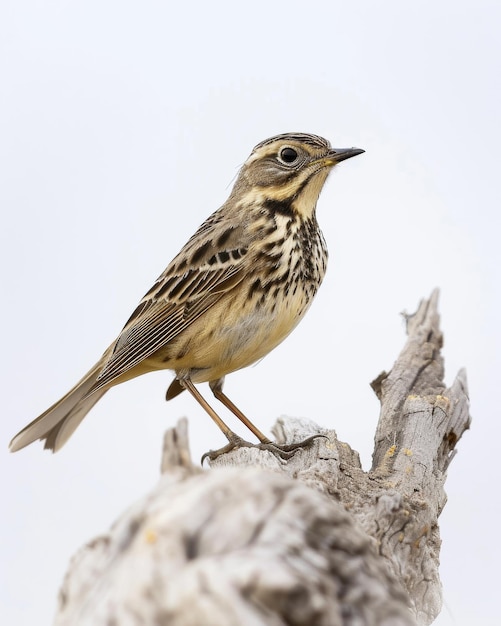 the Buffbellied Pipit standing on small root Isolated on white background