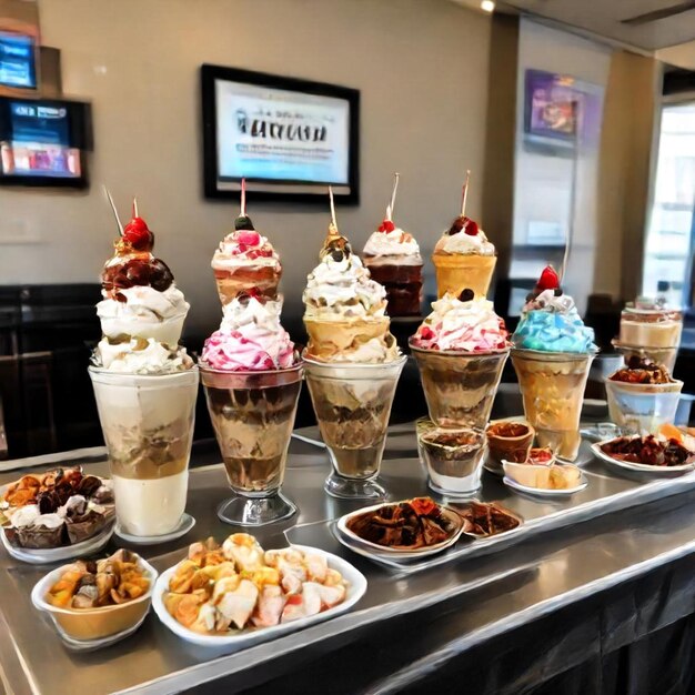 Photo a buffet of ice creams and desserts including one that says  bar