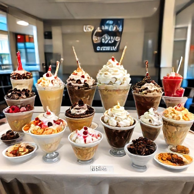 a buffet of ice creams and desserts including one of them with a sign saying  b