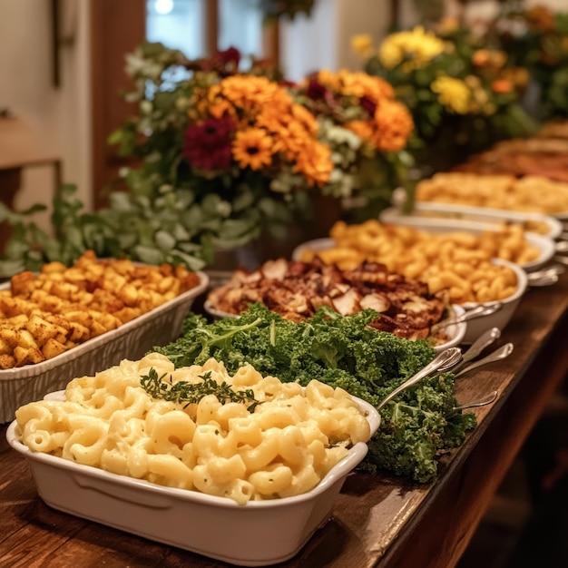 a buffet of macaroni and cheese is displayed on a table