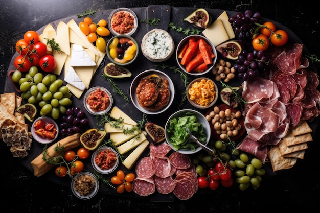 Buffet party with a varied spread of antipasti charcuterie snacks and cheese View from above empty s