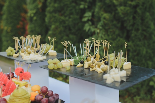 Buffet table at the festival. Appetizers for an aperitif at a wedding or celebration