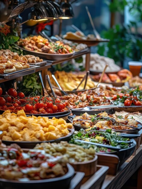 Buffet table filled with a variety of appetizing foods