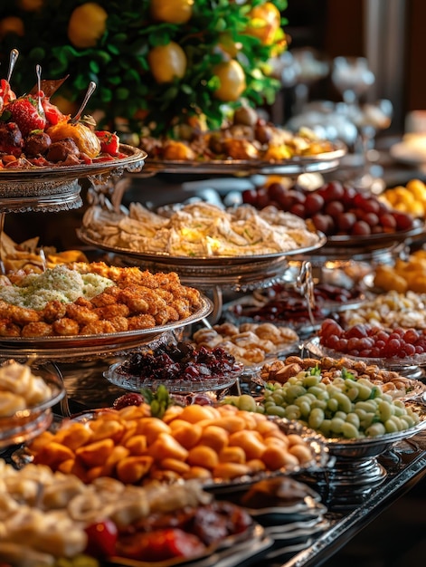 Buffet table filled with a variety of appetizing foods