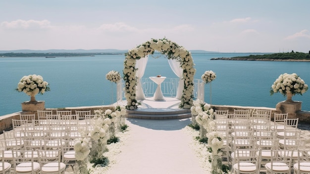 buffet table fruit and wine wedding in cyprus bride and groom on a stone bridge in A Generative AI