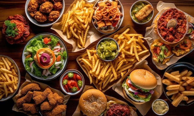 Buffet table scene of take out or delivery foods Pizza hamburgers fried chicken and sides