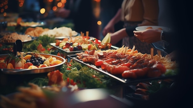 Buffet table There is a lot of food on the table and people around choose their own Macro