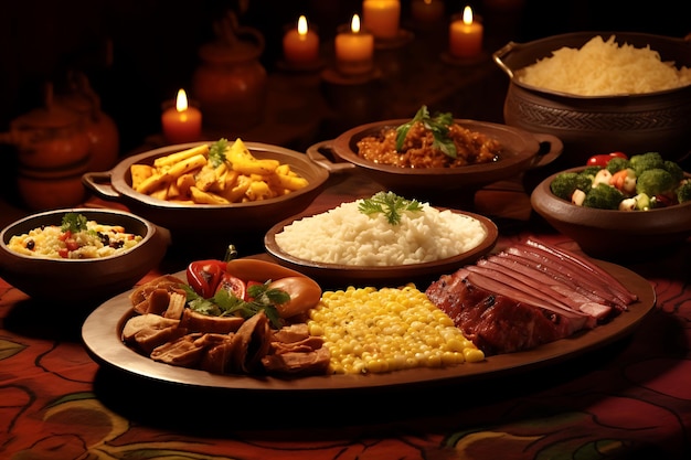 Buffet table various dishes plates traditional peruvian comfort food homemade cuisine