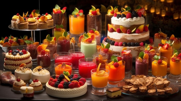 A buffet table with desserts and desserts including fruit and desserts.