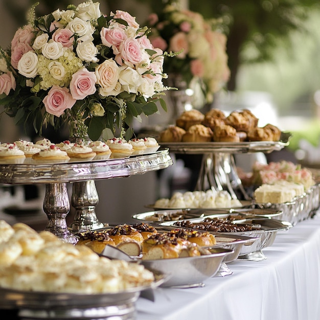 a buffet table with many desserts and a flower arrangement