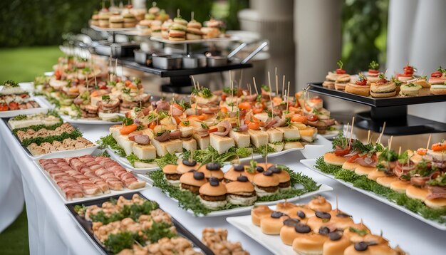 a buffet table with many different food items including sandwiches sandwiches and salads