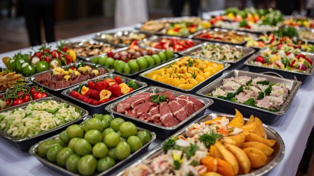 a buffet table with many different foods including fruit vegetables and fruit