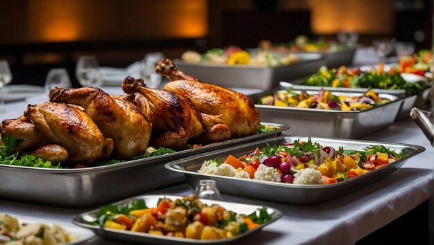 a buffet table with many dishes including chicken vegetables and rice