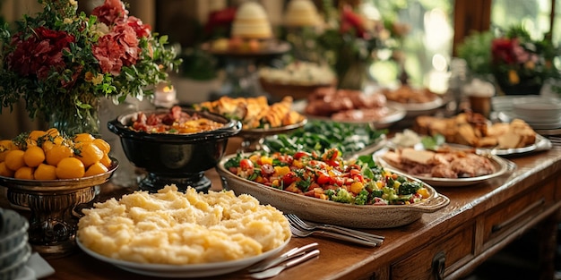 a buffet table with many dishes including macaroni cheese and vegetables