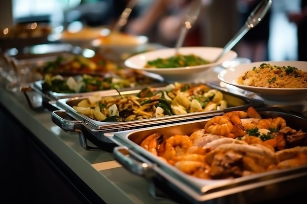 Buffet table with many dishes including shrimp shrimp and other food