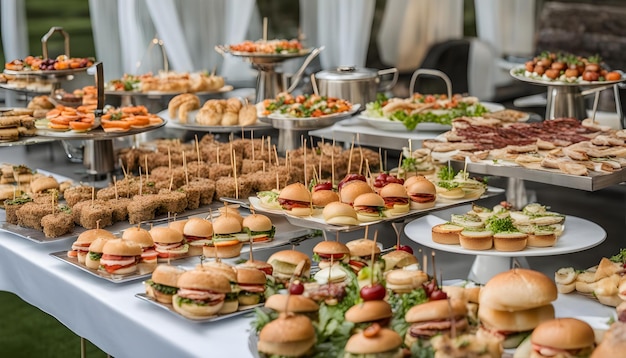 a buffet table with many food items including sandwiches salad and salads