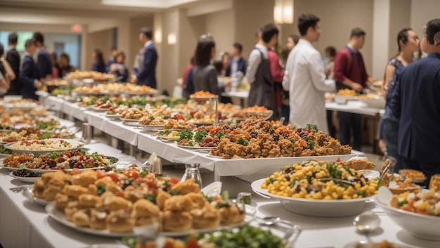 a buffet table with many plates of food including macaroni cheese and other food