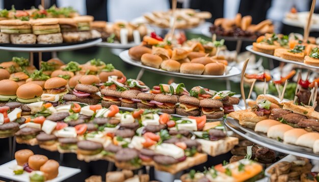 Photo a buffet table with many plates of food including sandwiches sandwiches and sandwiches