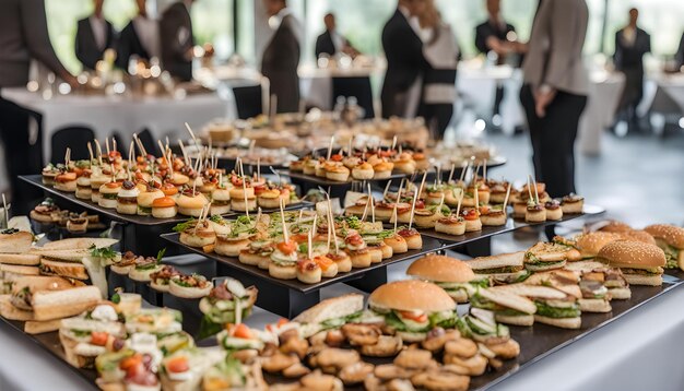 Photo a buffet table with many sandwiches and people in the background