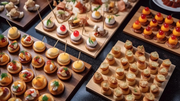 Buffet table with mini hamburgers for luxury wedding