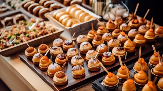 Buffet table with mini hamburgers for luxury wedding