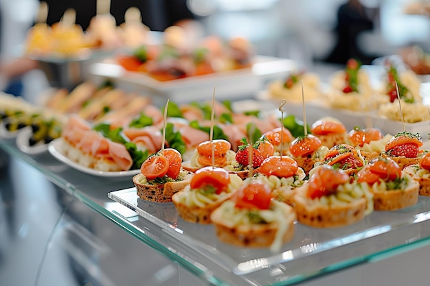 Photo buffet with gourmet appetizers including canapes small bites for parties or corporate events