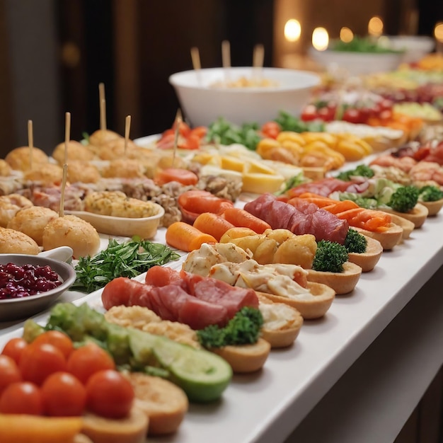 Buffet with many different food items including ham cheese and tomatoes