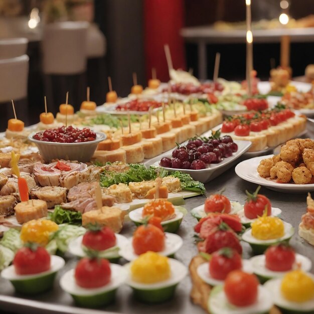 Buffet with many different food items including ham cheese and tomatoes