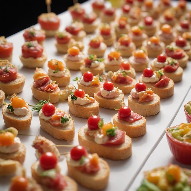 Buffet with many different food items including ham cheese and tomatoes