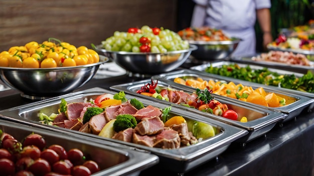 a buffet with many trays of food including ham tomatoes and other vegetables