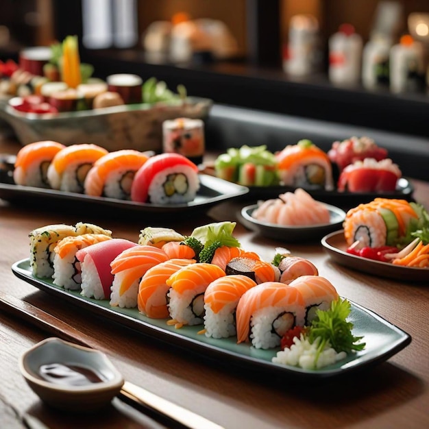 a buffet with sushi and sushi on the table