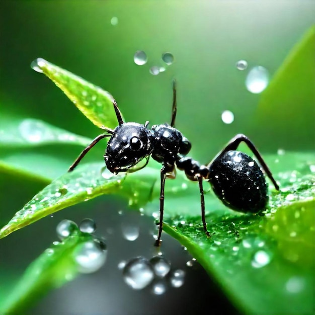 Photo a bug is on a green leaf with water drops