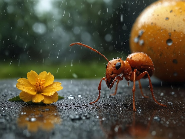 a bug is walking on a yellow flower in the rain