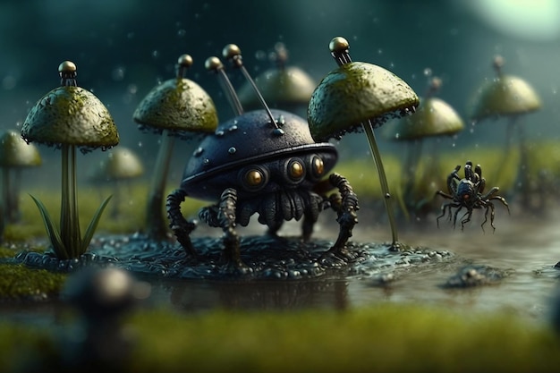 A bug and mushrooms in a field