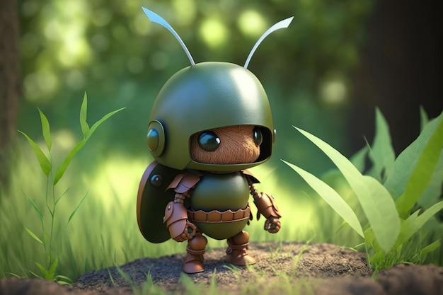 A bug with a helmet on stands in a forest.