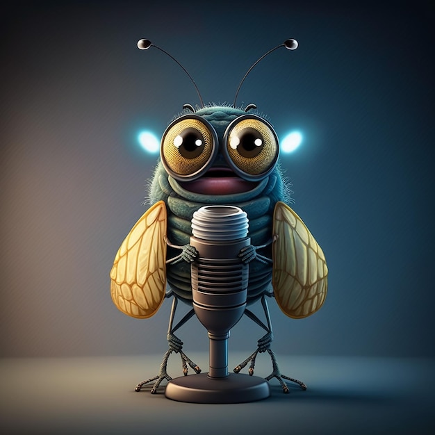 A bug with a microphone in its ears is holding a microphone.