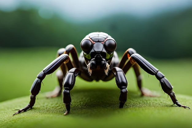 A bug with a red face sits on a green surface.