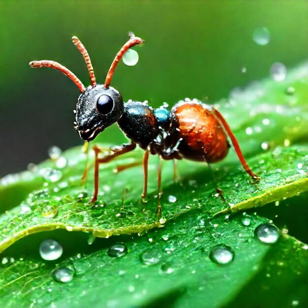 a bug with water drops on its face and a bug on the leaf